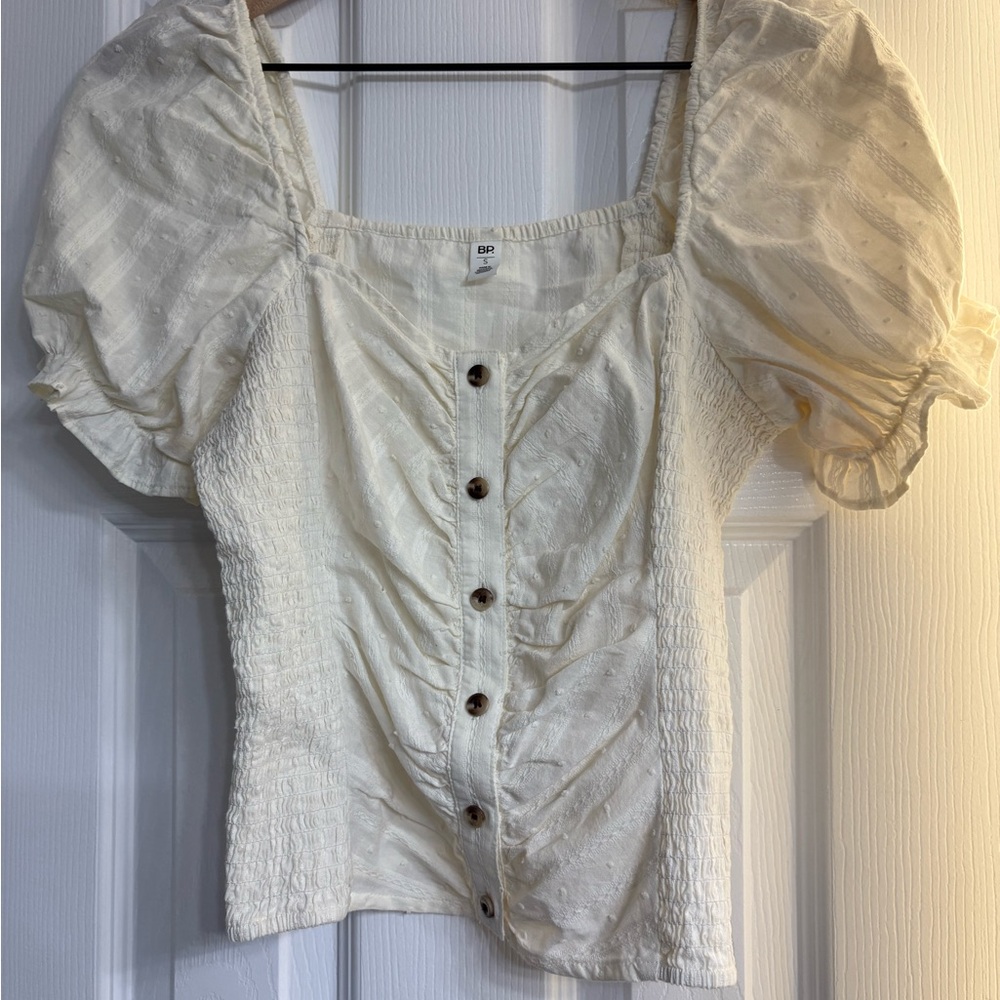 BP Cream Button-Down Puff Sleeve Blouse